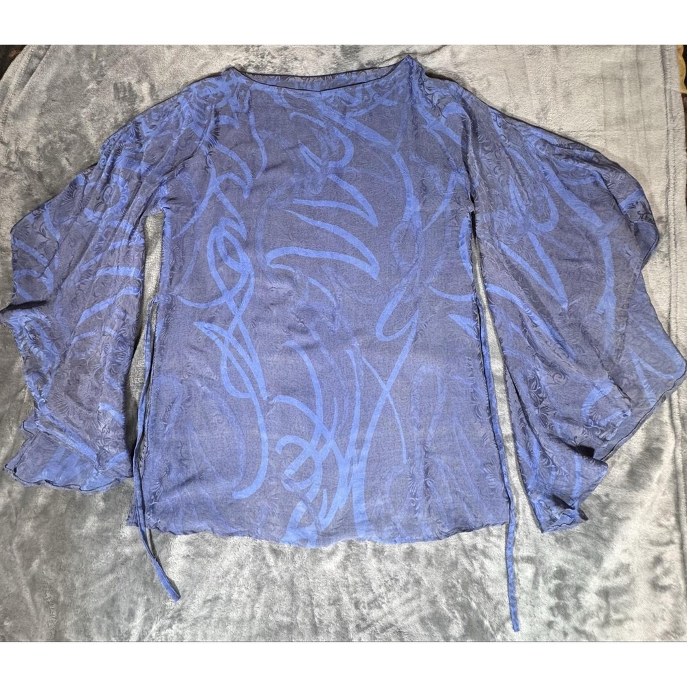 Indie Ella Tunic Blouse Womens One Size Blue Silk Kimono Sleeve Belted Sheer